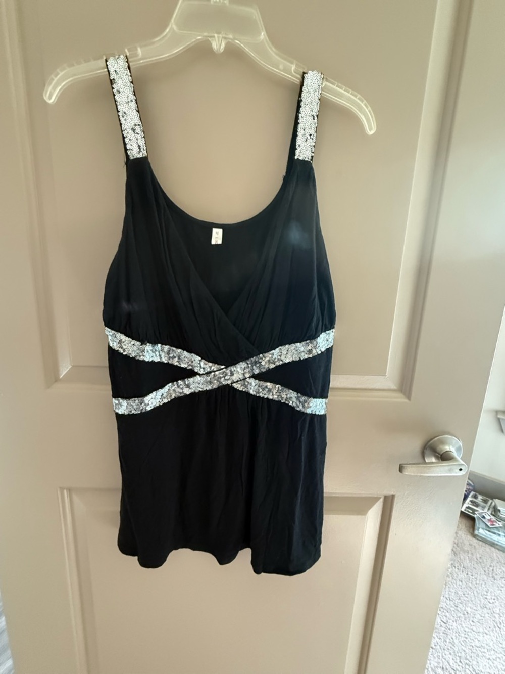 Black Sequin Strap Evening Tank Top